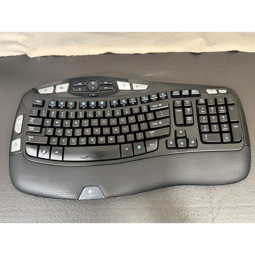 Logitech K350 Wireless Wave Keyboard Black Ergonomic Full Size Media Keys Dongle